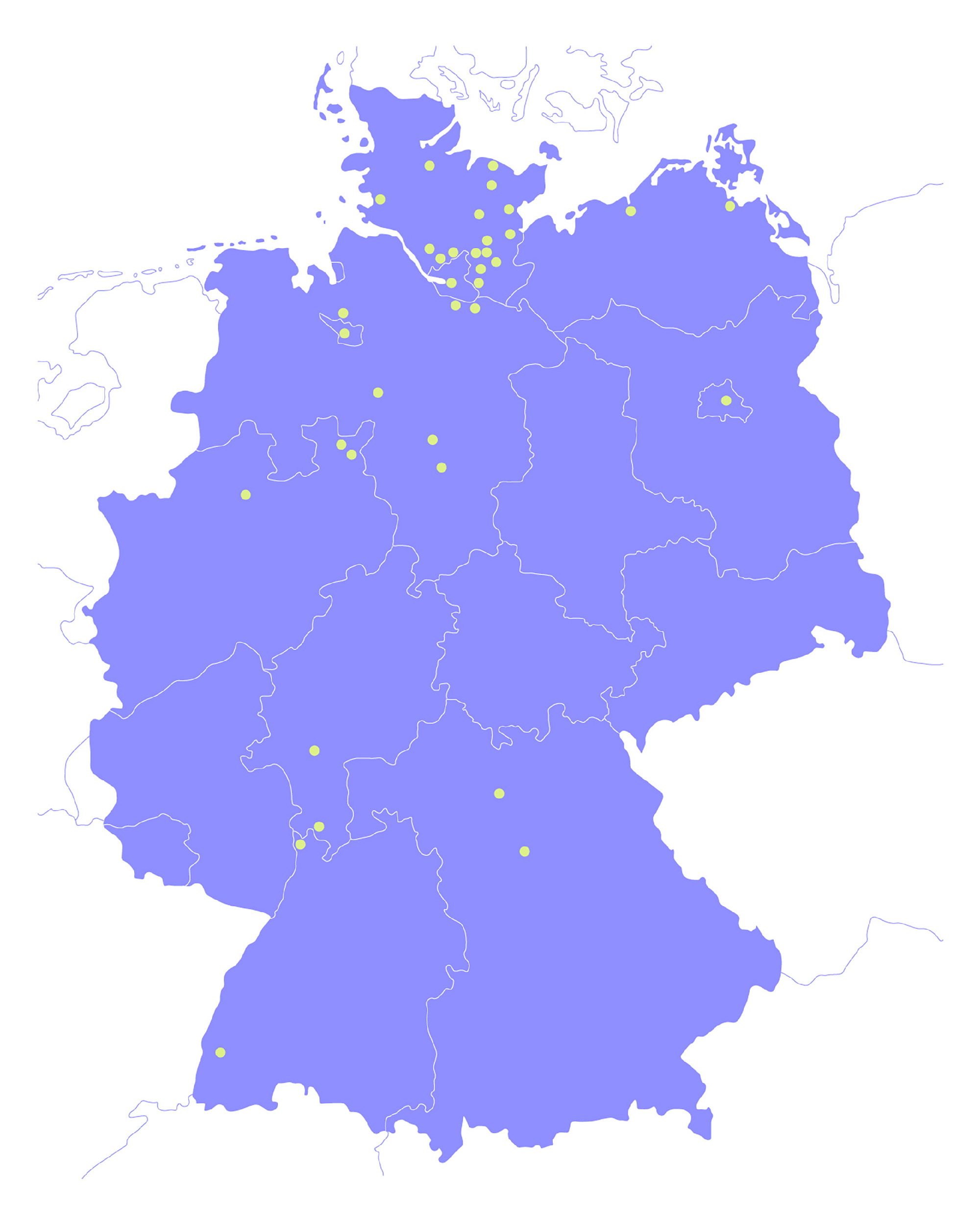 Grafik einer Deutschland-Karte mit Punkten, die Projektstandorte markieren