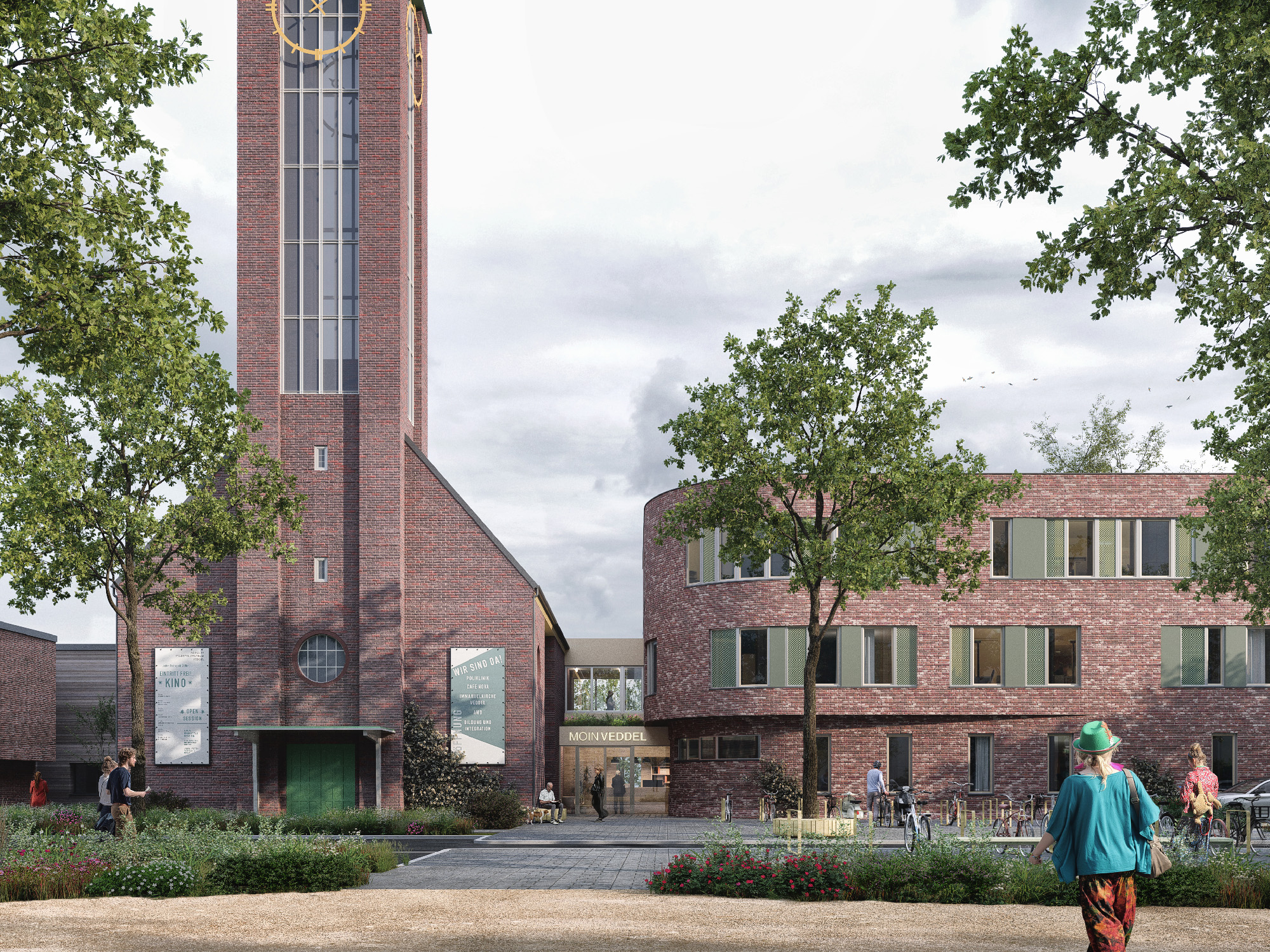 Visualisierung einer Kirche. Daneben ein Anbau mit runder Ecke, beides in rotem Klinker