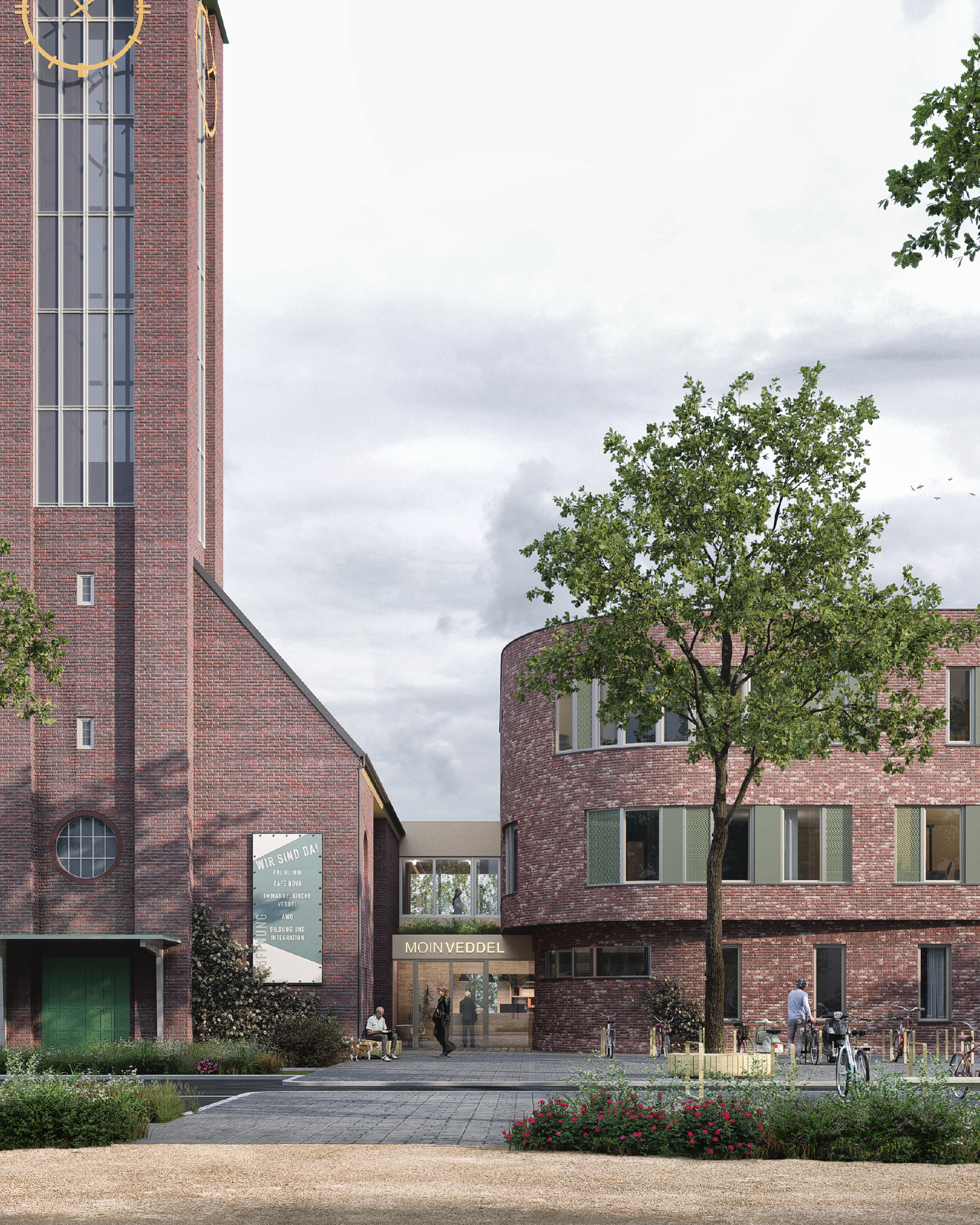 Visualisierung einer Kirche. Daneben ein Anbau mit runder Ecke, beides in rotem Klinker