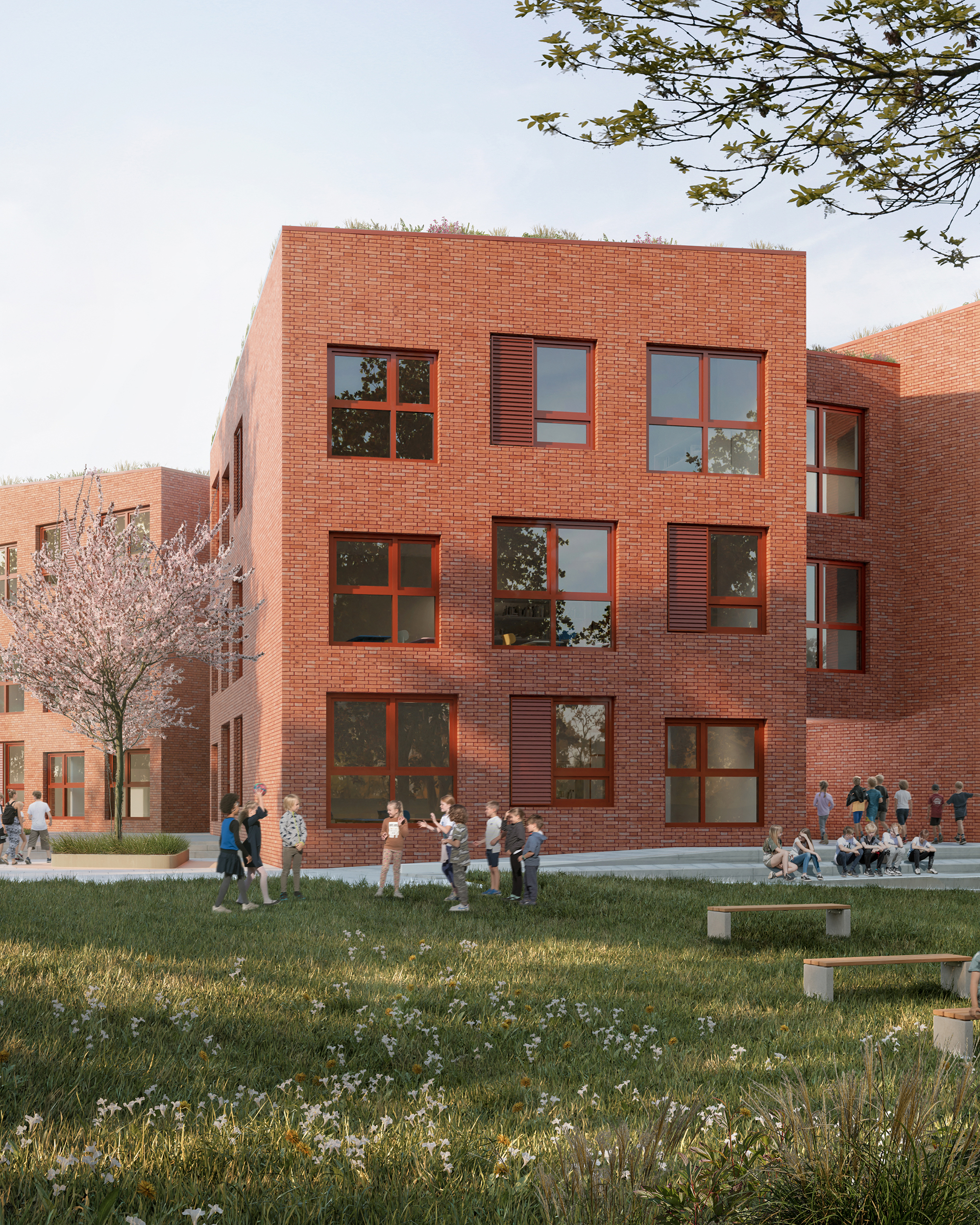 visualisierung eines Schulneubaus mit roter Klinkerfassade