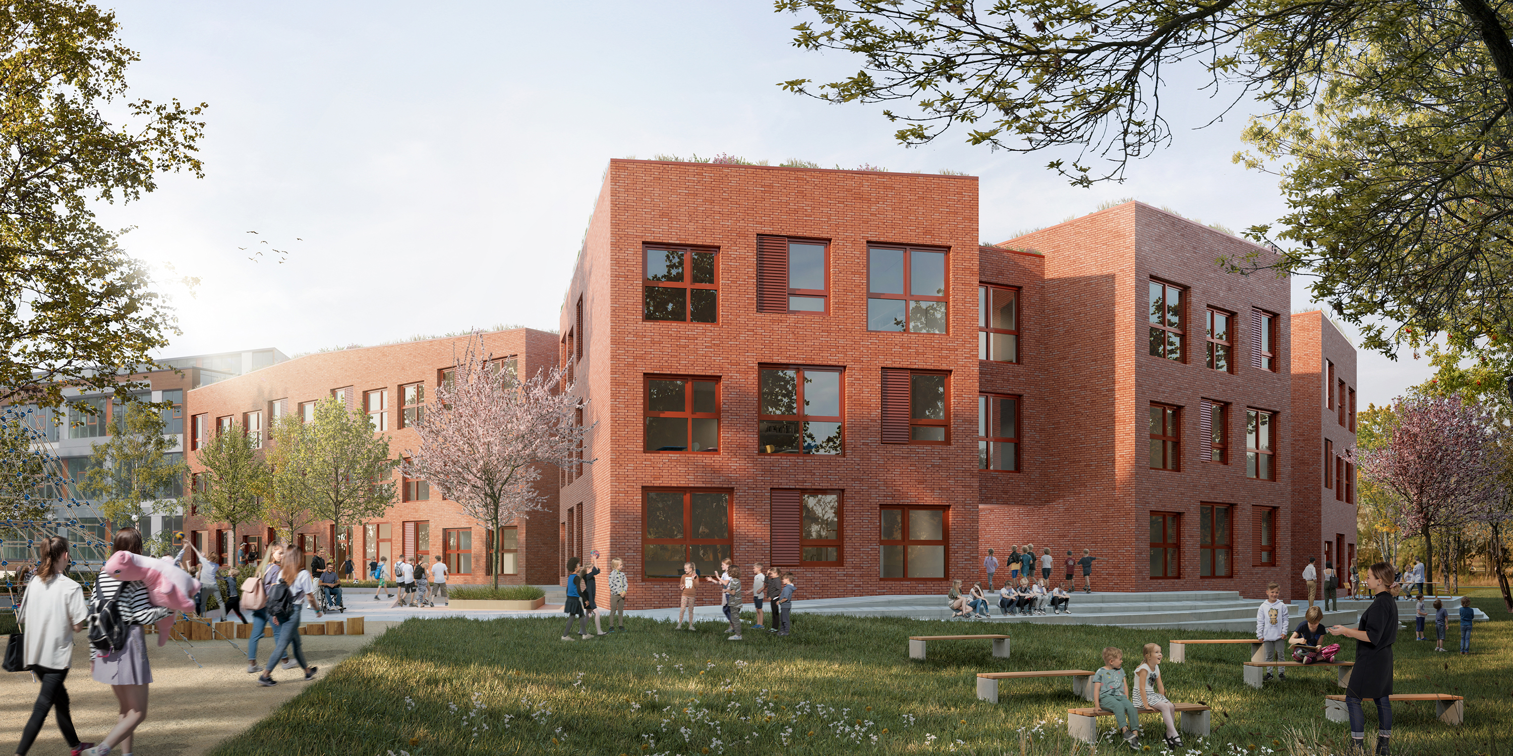 visualisierung eines Schulneubaus mit roter Klinkerfassade
