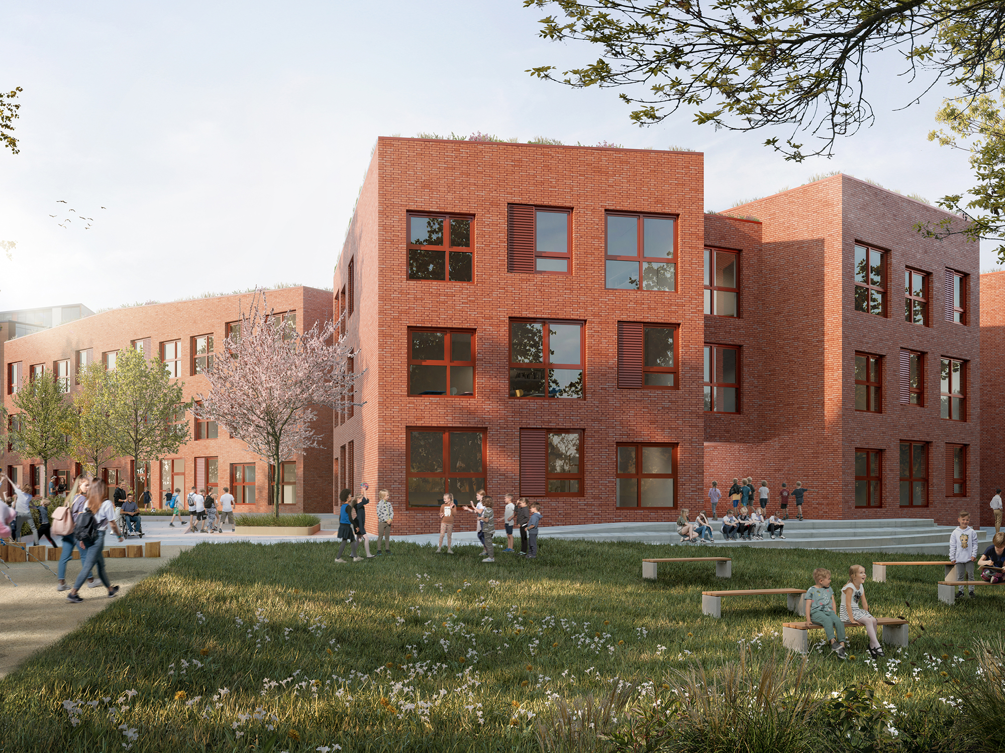 visualisierung eines Schulneubaus mit roter Klinkerfassade
